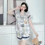 Đồ bộ satin quần đùi áo tay ngắn bèo cổ bèo hoạ tiết dể thương