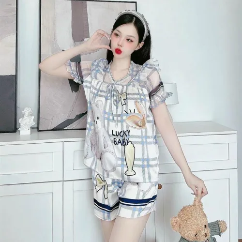 Đồ bộ satin quần đùi áo tay ngắn bèo cổ bèo hoạ tiết dể thương