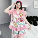 Đồ bộ satin quần đùi áo tay ngắn bèo cổ bèo hoạ tiết dể thương