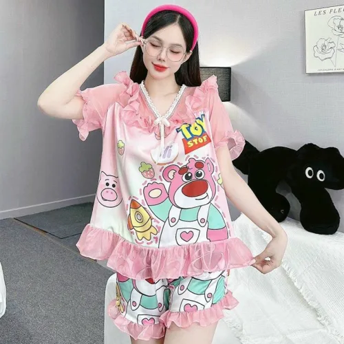 Đồ bộ satin quần đùi áo tay ngắn bèo cổ bèo hoạ tiết dể thương