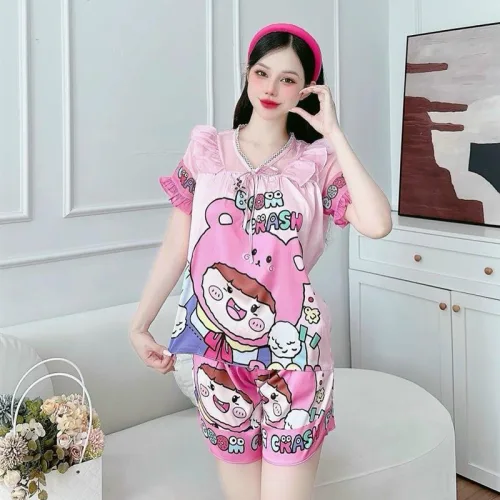 Đồ bộ satin quần đùi áo tay ngắn bèo cổ bèo hoạ tiết dể thương