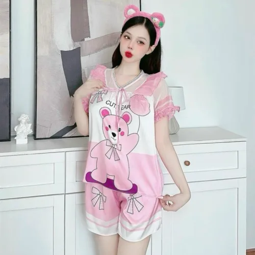 Đồ bộ satin quần đùi áo tay ngắn bèo cổ bèo hoạ tiết dể thương