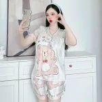 Đồ bộ satin quần đùi áo tay ngắn bèo cổ bèo hoạ tiết dể thương