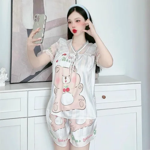 Đồ bộ satin quần đùi áo tay ngắn bèo cổ bèo hoạ tiết dể thương