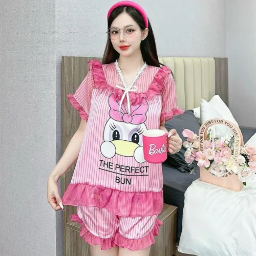 Đồ bộ satin quần đùi áo tay ngắn bèo cổ bèo hoạ tiết dể thương