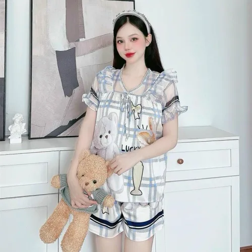 Đồ bộ satin quần đùi áo tay ngắn bèo cổ bèo hoạ tiết dể thương
