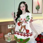 Đồ bộ satin quần đùi áo tay ngắn cổ tròn in hình dể thương
