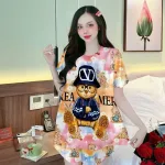 Đồ bộ satin quần đùi áo tay ngắn cổ tròn in hình dể thương
