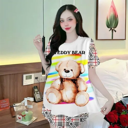 Đồ bộ satin quần đùi áo tay ngắn cổ tròn in hình dể thương