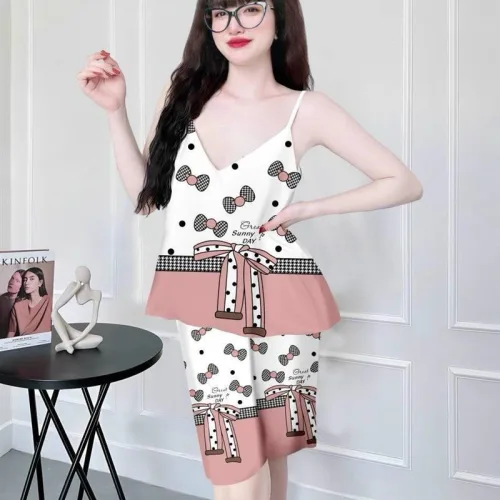 Đồ bộ satin quần lững áo 2 dây in hình dể thương
