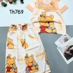 Đồ bộ satin quần lửng pijama tay ngắn cổ bẻ hoạ tiết
