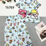 Đồ bộ satin quần lửng pijama tay ngắn cổ bẻ hoạ tiết