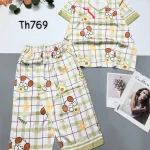 Đồ bộ satin quần lửng pijama tay ngắn cổ bẻ hoạ tiết
