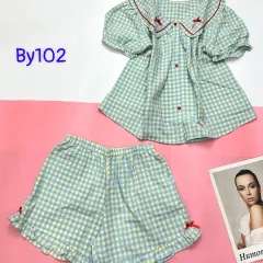 đồ bộ sơ mi ca rô cổ bẻ có nơ nhỏ ở cổ áo tay phồng