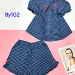 đồ bộ sơ mi ca rô cổ bẻ có nơ nhỏ ở cổ áo tay phồng