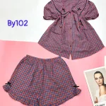 đồ bộ sơ mi ca rô cổ bẻ có nơ nhỏ ở cổ áo tay phồng