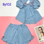 đồ bộ sơ mi ca rô cổ bẻ có nơ nhỏ ở cổ áo tay phồng