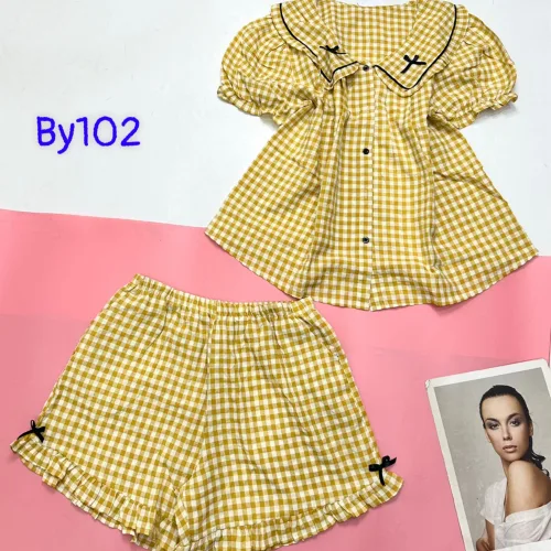 đồ bộ sơ mi ca rô cổ bẻ có nơ nhỏ ở cổ áo tay phồng