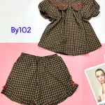 đồ bộ sơ mi ca rô cổ bẻ có nơ nhỏ ở cổ áo tay phồng