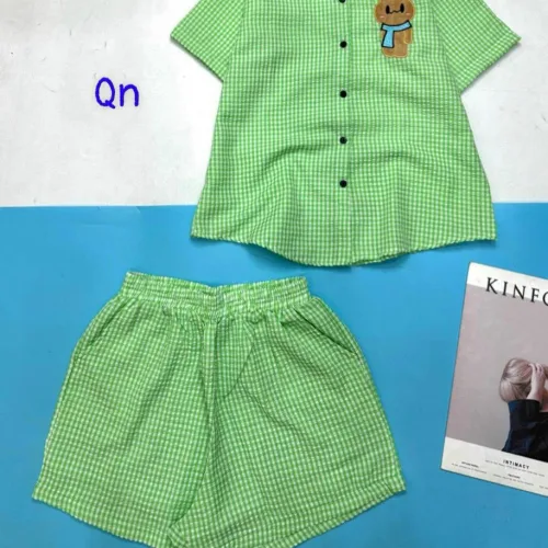 đồ bộ sơ mi ca rô nhỏ in hình chú gấu