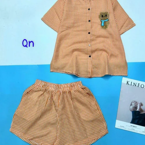 đồ bộ sơ mi ca rô nhỏ in hình chú gấu