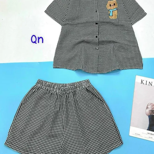 đồ bộ sơ mi ca rô nhỏ in hình chú gấu