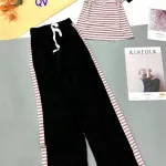 Đồ bộ thun cotton quần dài viền sọc áo cổ tròn sọc tay ngắn