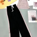 Đồ bộ thun cotton quần dài viền sọc áo cổ tròn sọc tay ngắn