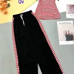 Đồ bộ thun cotton quần dài viền sọc áo cổ tròn sọc tay ngắn