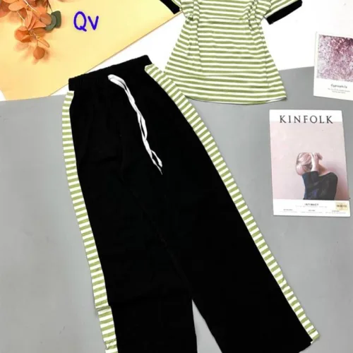 Đồ bộ thun cotton quần dài viền sọc áo cổ tròn sọc tay ngắn