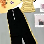 Đồ bộ thun cotton quần dài viền sọc áo cổ tròn sọc tay ngắn
