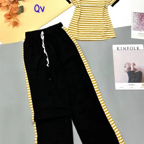 Đồ bộ thun cotton quần dài viền sọc áo cổ tròn sọc tay ngắn
