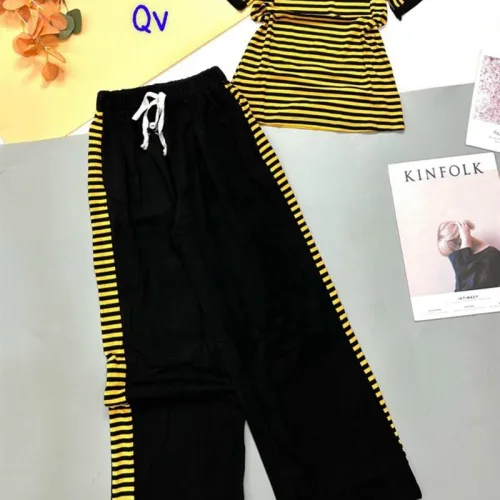 Đồ bộ thun cotton quần dài viền sọc áo cổ tròn sọc tay ngắn