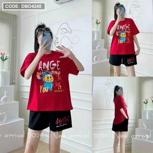 Đồ bộ thun hàn quần đùi áo tay lỡ in hình dể thương