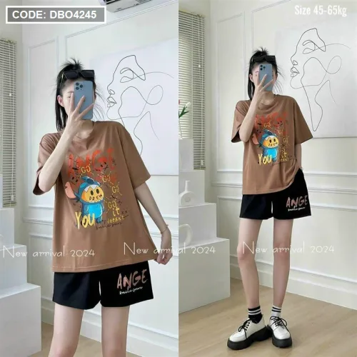 Đồ bộ thun hàn quần đùi áo tay lỡ in hình dể thương