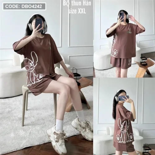 Đồ bộ thun hàn quần đùi áo tay lỡ in hình form rộng