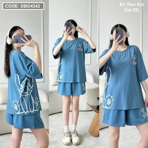 Đồ bộ thun hàn quần đùi áo tay lỡ in hình form rộng