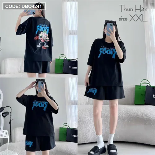 Đồ bộ thun hàn quần đùi áo tay lỡ in chữ form rộng