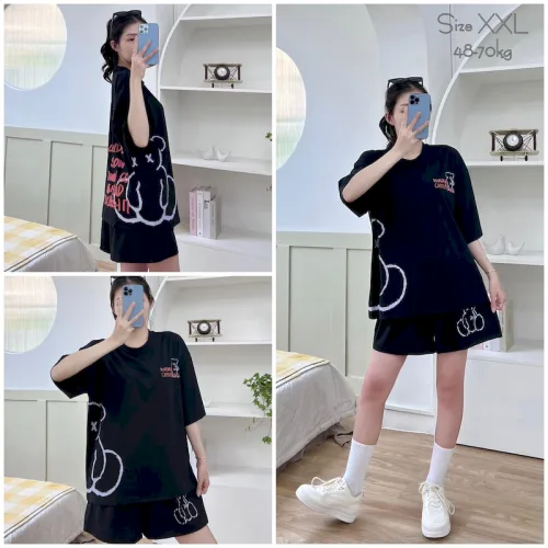 Đồ bộ thun nữ form rộng tay lỡ in hình gấu bên hông form dưới 70kg