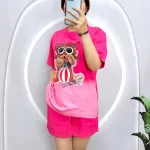 Đồ bộ thun nữ mặc nhà quần đùi in hình gấu đeo kính form to