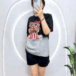 Đồ bộ thun nữ mặc nhà quần đùi in hình gấu đeo kính form to