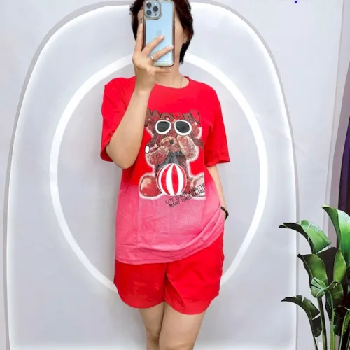 Đồ bộ thun nữ mặc nhà quần đùi in hình gấu đeo kính form to