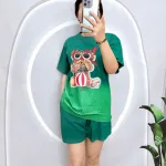 Đồ bộ thun nữ mặc nhà quần đùi in hình gấu đeo kính form to