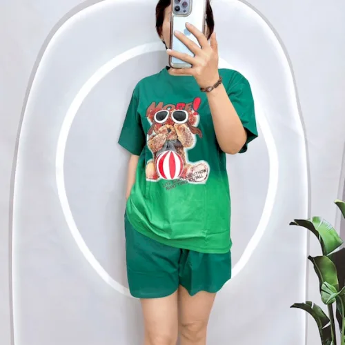 Đồ bộ thun nữ mặc nhà quần đùi in hình gấu đeo kính form to