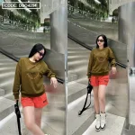 Đồ bộ thun nữ quần đùi áo tay dài form rộng in chữ nyc
