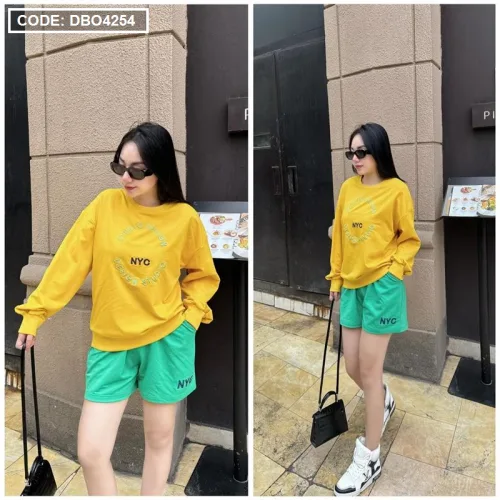 Đồ bộ thun nữ quần đùi áo tay dài form rộng in chữ nyc