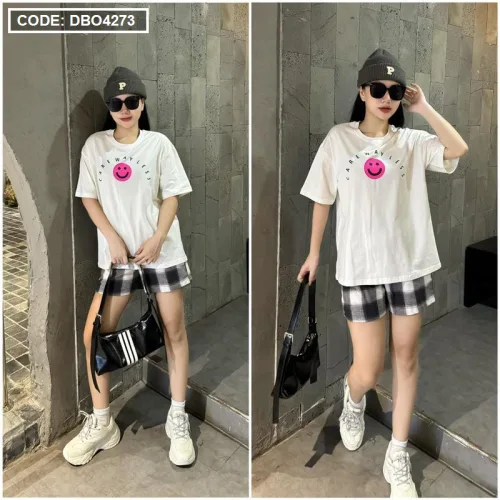 Đồ bộ thun nữ quần đùi caro in hình mặt cười