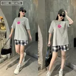 Đồ bộ thun nữ quần đùi caro in hình mặt cười