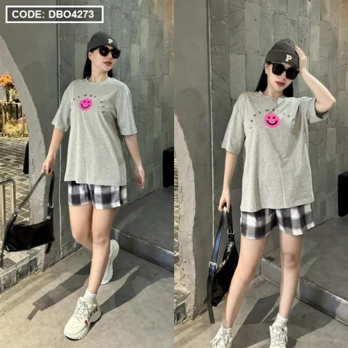 Đồ bộ thun nữ quần đùi caro in hình mặt cười