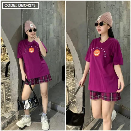 Đồ bộ thun nữ quần đùi caro in hình mặt cười
